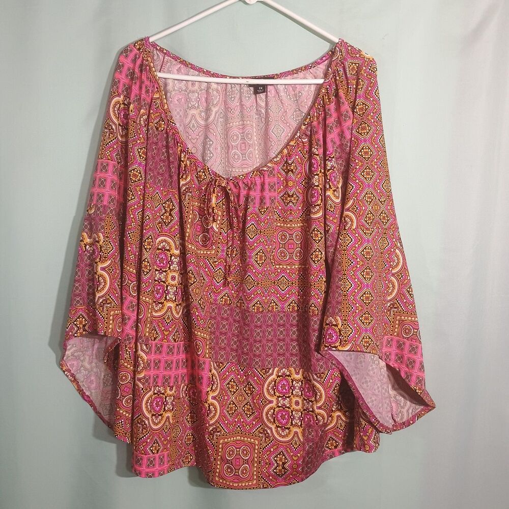 Tacera Women’s Pink Paisley Boho Print Bell Sleeve Blouse Tunic Top